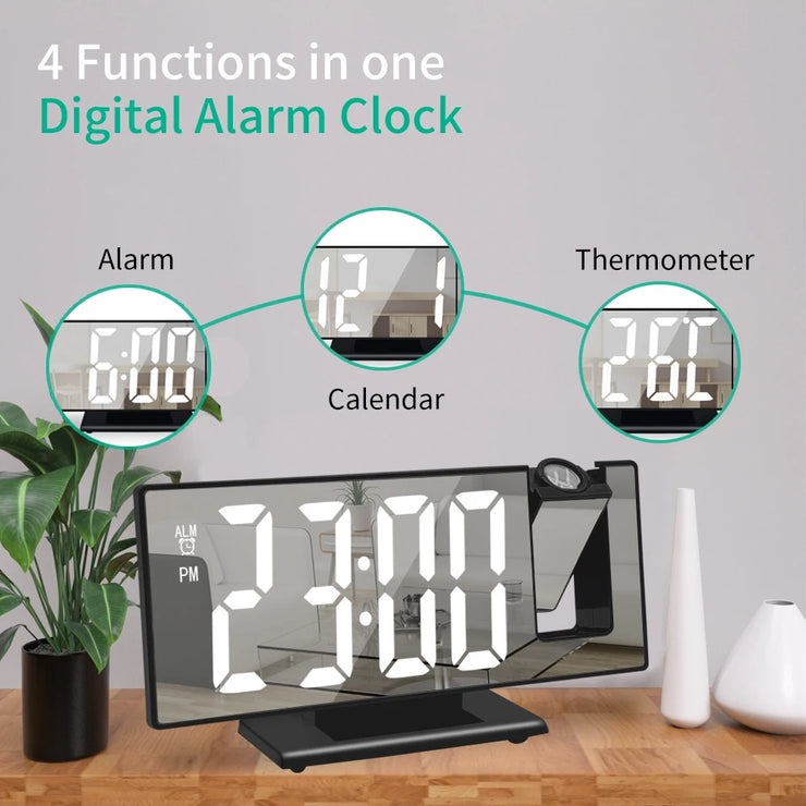 USB Powered  Digital Alarm Clock 180° Arm Projection Alarm Clock Time Temperature Snooze Table Clock 12/24H Projector LED Clock