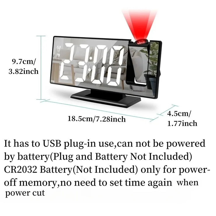 USB Powered  Digital Alarm Clock 180° Arm Projection Alarm Clock Time Temperature Snooze Table Clock 12/24H Projector LED Clock